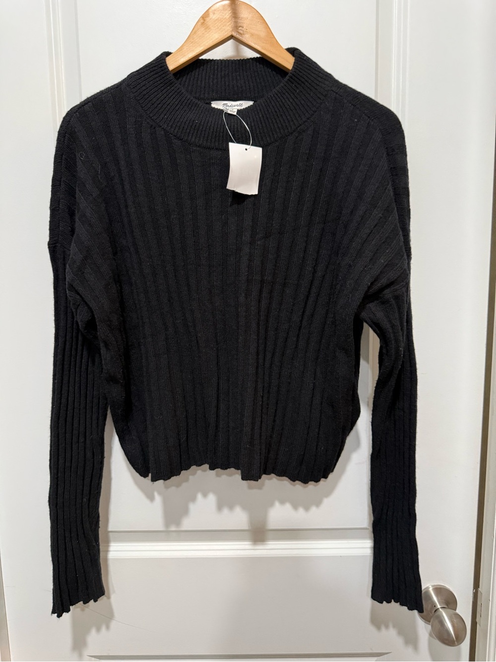 Madewell Mockneck Wool Blend Ribbed Cropped Sweater Black Large